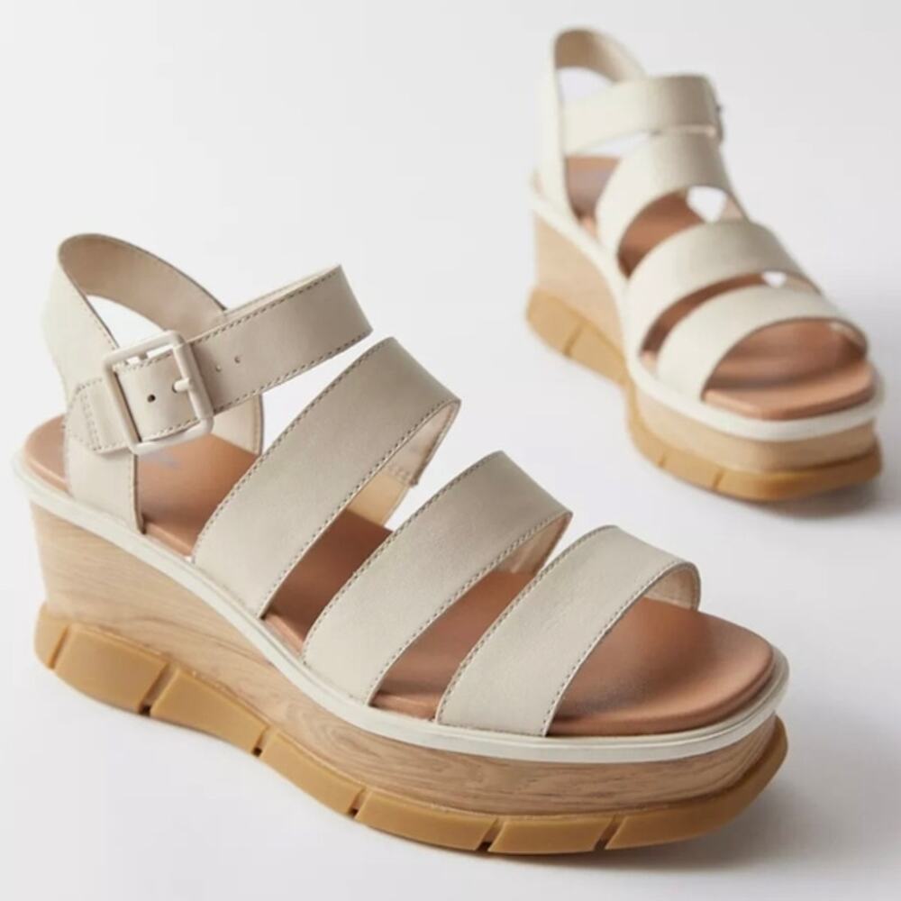 [Sorel] Cream Leather Joanie III Platform Wedge Ankle Strap Sandals Size 9.5